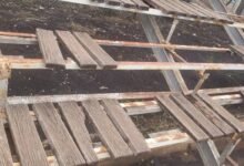 Weathered wooden benches at the stadium.
