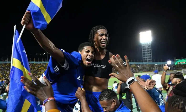 Players of the Blue Wave of Curacao celebrating their qualification for their first World Cup.