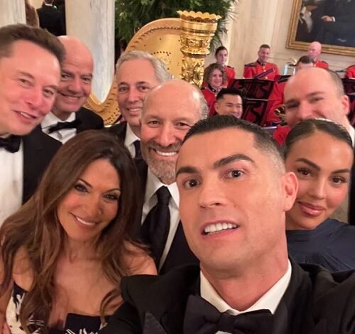 Cristiano Ronaldo at the White House black-tie dinner, with other guests including Donald Trump and Saudi Crown Prince Mohammad bin Salman.
