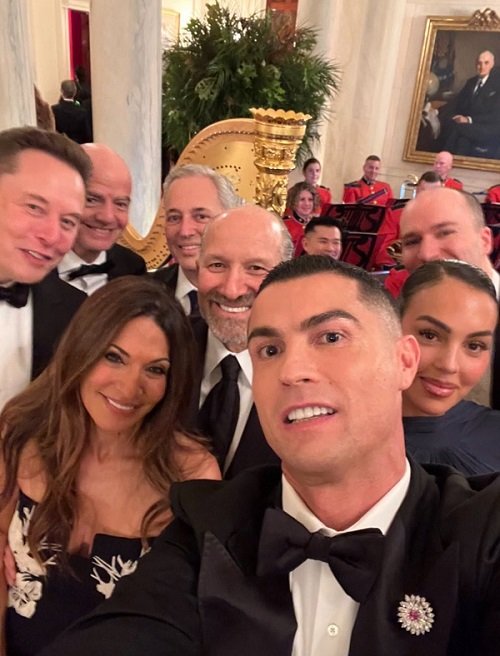 Cristiano Ronaldo at the White House black-tie dinner, with other guests including Donald Trump and Saudi Crown Prince Mohammad bin Salman.