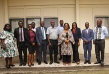 • Mr Kwesi Adjei Kersi (middle) with Mr David Jockic Ankrah (fourth from left), Dr Charity Binka (fourth from right), staff from SIC and NTC Management after the meeting Photo: Okai Elizabeth