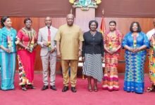 • President Mahama and Vice Pres Prof. Opoku-Agyemang (middle) with the new envoys