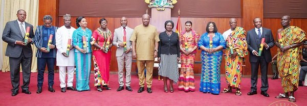 • President Mahama and Vice Pres Prof. Opoku-Agyemang (middle) with the new envoys