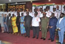 Mrs Linda Agbesi (fifth from right) with Dr Caroline Amissah (fifth from left), and other dignitaries after receiving the motorbikes
