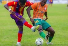 A Vision FC player (right) moves in to block a shot from a Hearts of Oak attacker