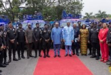 President Mahama (middle) with Alhaji Muntaka Mohammed-Mubarak and some senior police officers after the handing over of the armoured vehicles