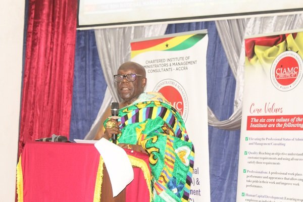 Ahunabobrim Nana Prah Agyensaim VI (inset) addressing the graduands.