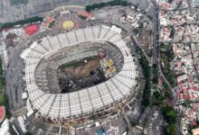 An aerial view of the renovation work on the Azteca Stadium