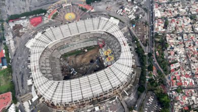 An aerial view of the renovation work on the Azteca Stadium