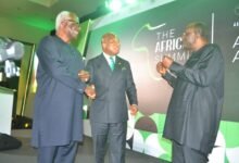 Mr Ablakwa (middle) with Former President Koroma (left) interacting with Mr Alan Kyerematen Photo Victor A. Buxton