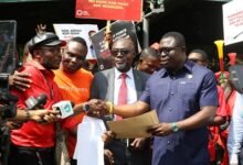 • Mr Gabriel Madobi (left) presenting the petition on behalf of the Association to Mr Emmanuel Kwamena Anyimah (right), Deputy CEO, Minerals Commission Photo: Ebo Gorman