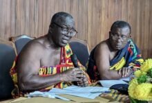 • Nana Kobina Nkestia V (left) speaking at the meeting