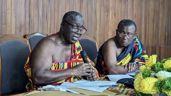 • Nana Kobina Nkestia V (left) speaking at the meeting