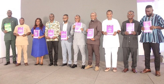 Prof. Mumuni Abu (sixth from left), Mr Omar Seidu (fourth from right) and other dignitaries launching the reports. Photo; Ebo Gorman