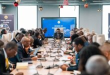 • Dr Asiama (head of table) speaking at the meeting