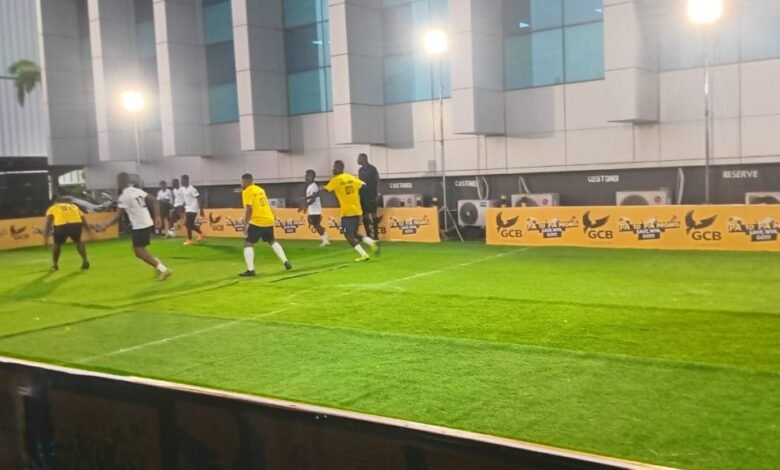 • The GCB Bank PLC team in a football match with GAD F.C, during the launch of the 'PA to PA' promo • Ahunabobrim Nana Prah Agyensaim VI (inset) addressing the graduands • Ms Patricia Blankson (inset) speaking at the programme Photo: Victor A. Buxton