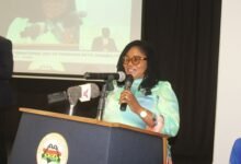 Dr Naa Momo Lartey (inset) addressing participants at the event Photo: Ebo Gorman