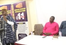 Mr Awingobit (behind the mic) addressing the press conference. Photo: Ebo Gorman