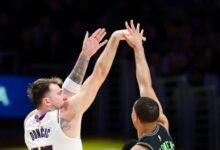 Lakers guard Luka Doncic shoots against New Orleans Pelicans guard Bryce McGowens during the game