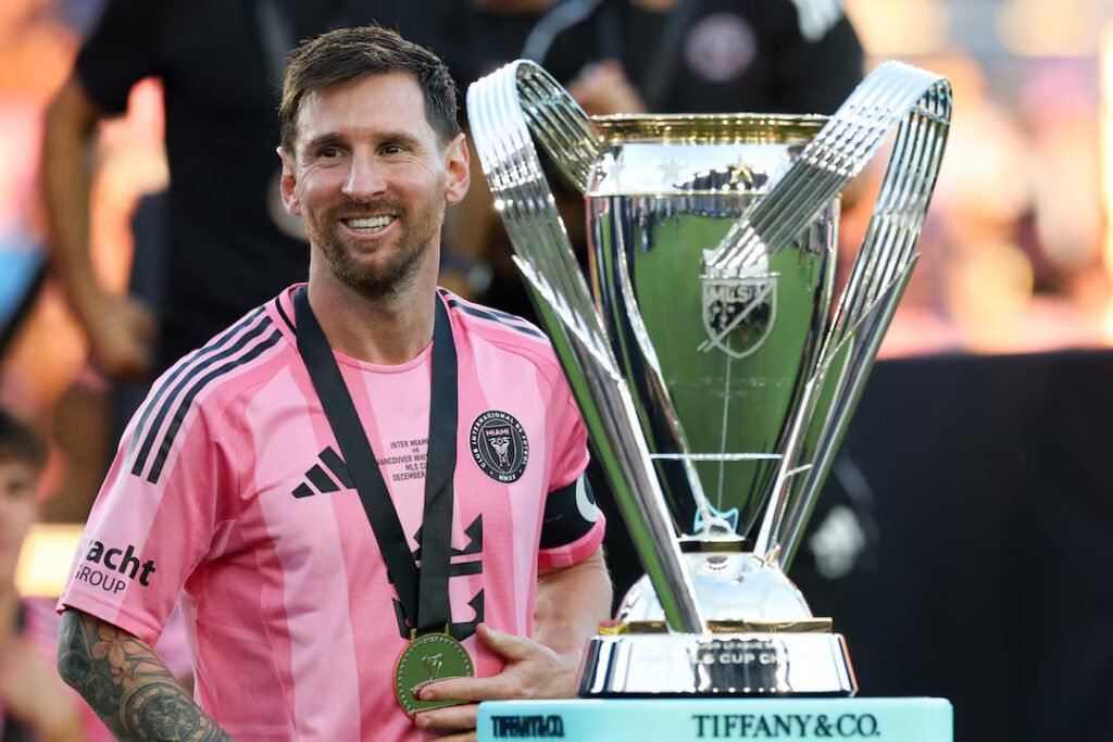 Messi with the Philip F. Anschutz trophy after winning the 2025 MLS Cup