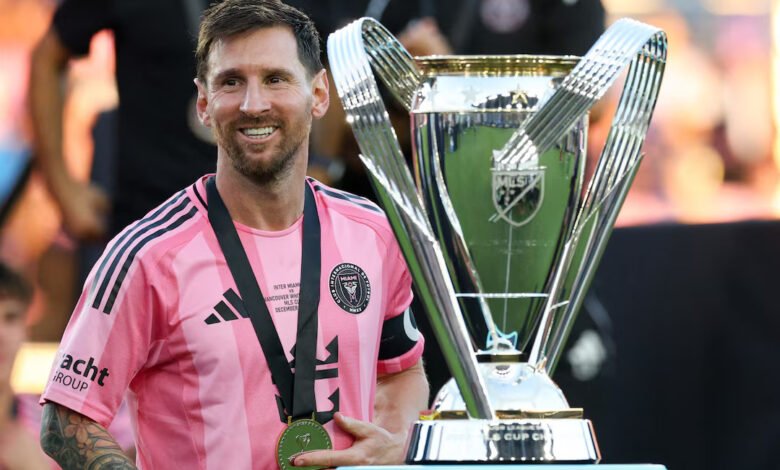 Messi with the Philip F. Anschutz trophy after winning the 2025 MLS Cup