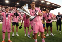 Luis Suarez celebrates with Inter Miami teammates.