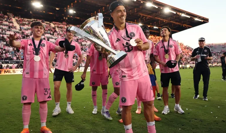 Luis Suarez celebrates with Inter Miami teammates.