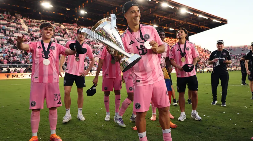 Luis Suarez celebrates with Inter Miami teammates.