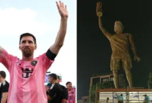 • Messi (right) with the statue to be unveiled