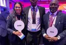 • Mr Akpokavie (right) with Secretary General, Muniru Mohammed and a delegate from Guyana