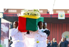 Pallbearers carrying the remains of the late Nana Konadu Agyeman-Rawlings
