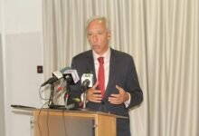 Mr Joao Cravinho (inset) addressing the press. Photo; Ebo Gorman