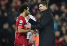 Steven Gerrard (right) with Mohamed Salah