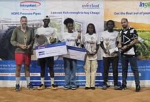 • The winners-Acquah, Tomegah and runner-ups, Ampah and Okantey with their prizes. With them are Connor Baker (left) and an official of Interplast