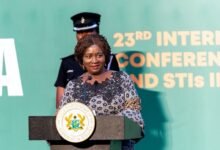 Vice President Professor Naana Jane Opoku-Agyemang (inset) addressing participants at the programme