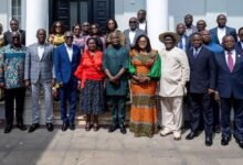 • Vice President Professor Naana Jane Opoku-Agyemang (middle) with the Ministers at the IMCC meeting