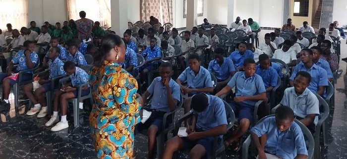 • Mrs Thywill Eyra Kpe (infront) addressing the students