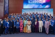 Mrs Ernestina Appiah (in Kente cloth, front row) with the dignitaries and the graduands after the graduation ceremony