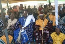 Naba Billia-Maaletinga Afegra III, flanked by his chiefs and elders at this N'daakoya Festival observed in Zuarungu