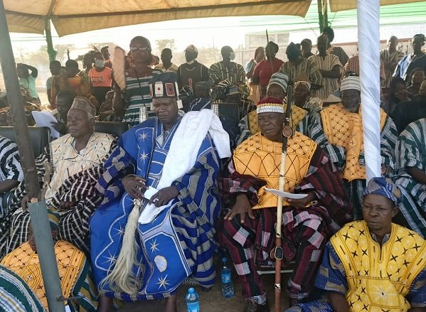 Naba Billia-Maaletinga Afegra III, flanked by his chiefs and elders at this N'daakoya Festival observed in Zuarungu