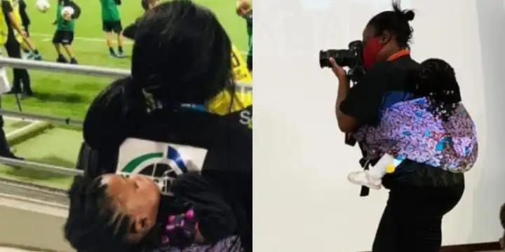 Ghanaian photography journalist, Senyuiedzorm Awusi Adadevoh captured with a baby strapped to her back as she goes about her usual business. Photo credit: Adadevoh/Facebook.com Source: