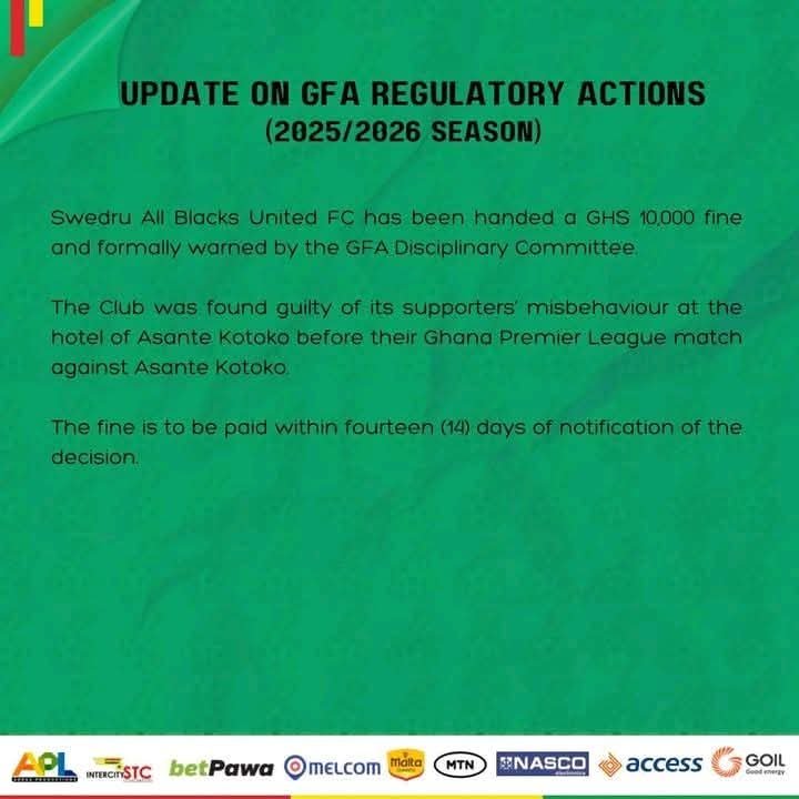 GFA fines Swedru All Blacks GHS10,000 over supporters misconduct