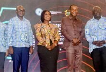 Dorcas Affo-Toffey (middle) with Mr John M K Wumborti (second from left), Rev Stephen Wilfred Arthur, and other members of the AIB Ghana board at the ceremony