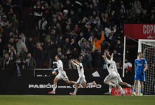 Albacete's Javi Villar celebrates scoring their first goal with teammates