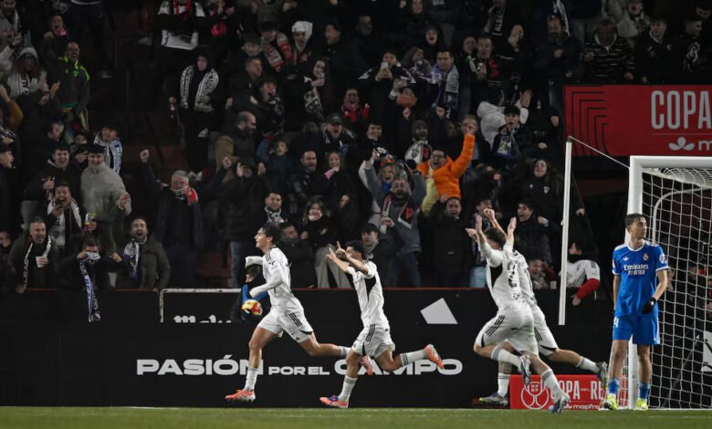Albacete's Javi Villar celebrates scoring their first goal with teammates