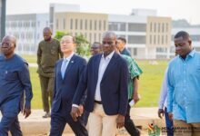 Mr Haruna Iddrisu being conducted round the facility. With him are Mr Park Kyongsig (second right) and Prof Asamoah (first right)