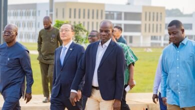 Mr Haruna Iddrisu being conducted round the facility. With him are Mr Park Kyongsig (second right) and Prof Asamoah (first right)