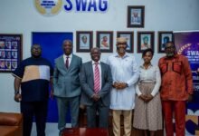 Dr Awaaf and Mr Kwabena Yeboah (second and third from left) after the meeting. With them are (from left) Messrs Adade, Yaw Ampofo Ankrah, Tilda Acorlor and Osei Asibey