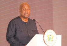 • President Mahama (inset) addressing participants at the Africa Trade Summit in Accra Photo: Ebo Gorman