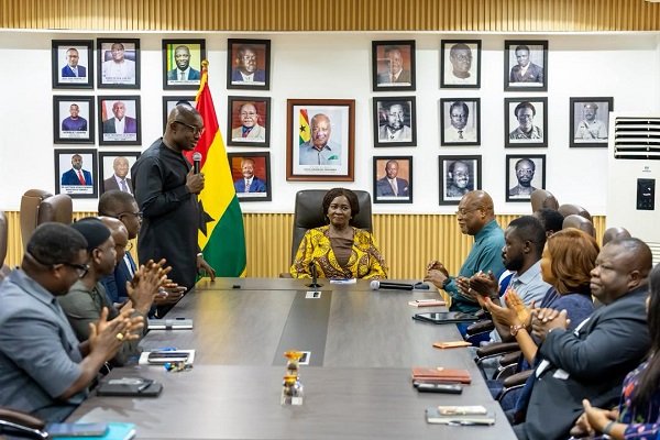 • Mr John Jinapor briefing Prof. Opoku-Agyemang (head of table) and other dignitaries during the visit